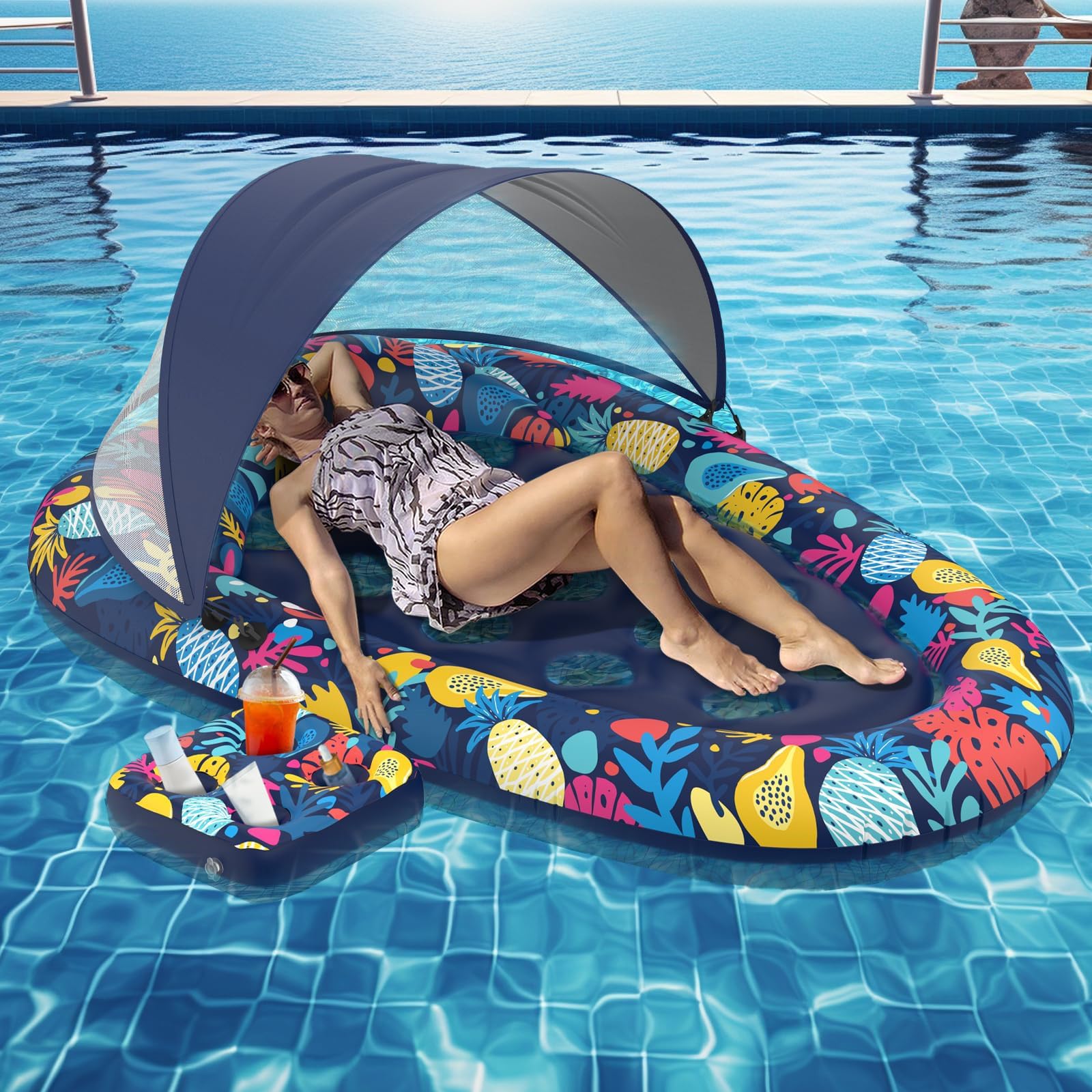 Colchoneta Piscina Adultos,Colchoneta Hinchable Piscina,Hinchables para Piscina,con Toldo de Sombra Desmontable,Portabebidas,Hamaca Flotante,para Adultos,Playa,Lago y Verano