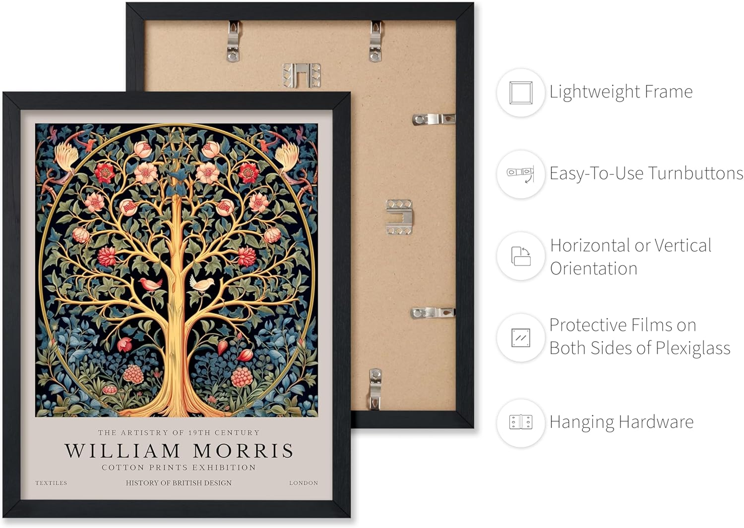 Monem Art William Morris Poster - Tree of Life Print - Flower & Botanical Art - Exhibition Print - Textile Art - Aesthetic Design - Great Living Room or Bedroom Decor - 11x14 Black Framed