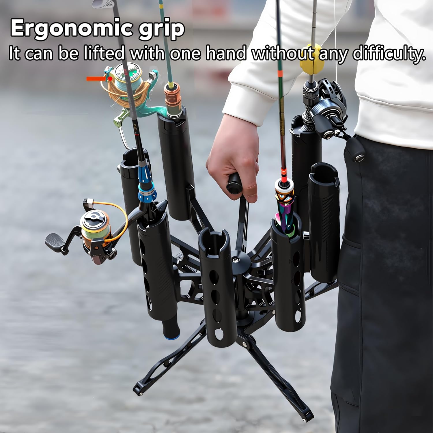 360-Degree Rotating Fishing Rod Holder Stand, Round 7 Fishing Rod Storage Rack， Floor Stand Multi-Position Storage Rack, Fishing Pole Rack, Black