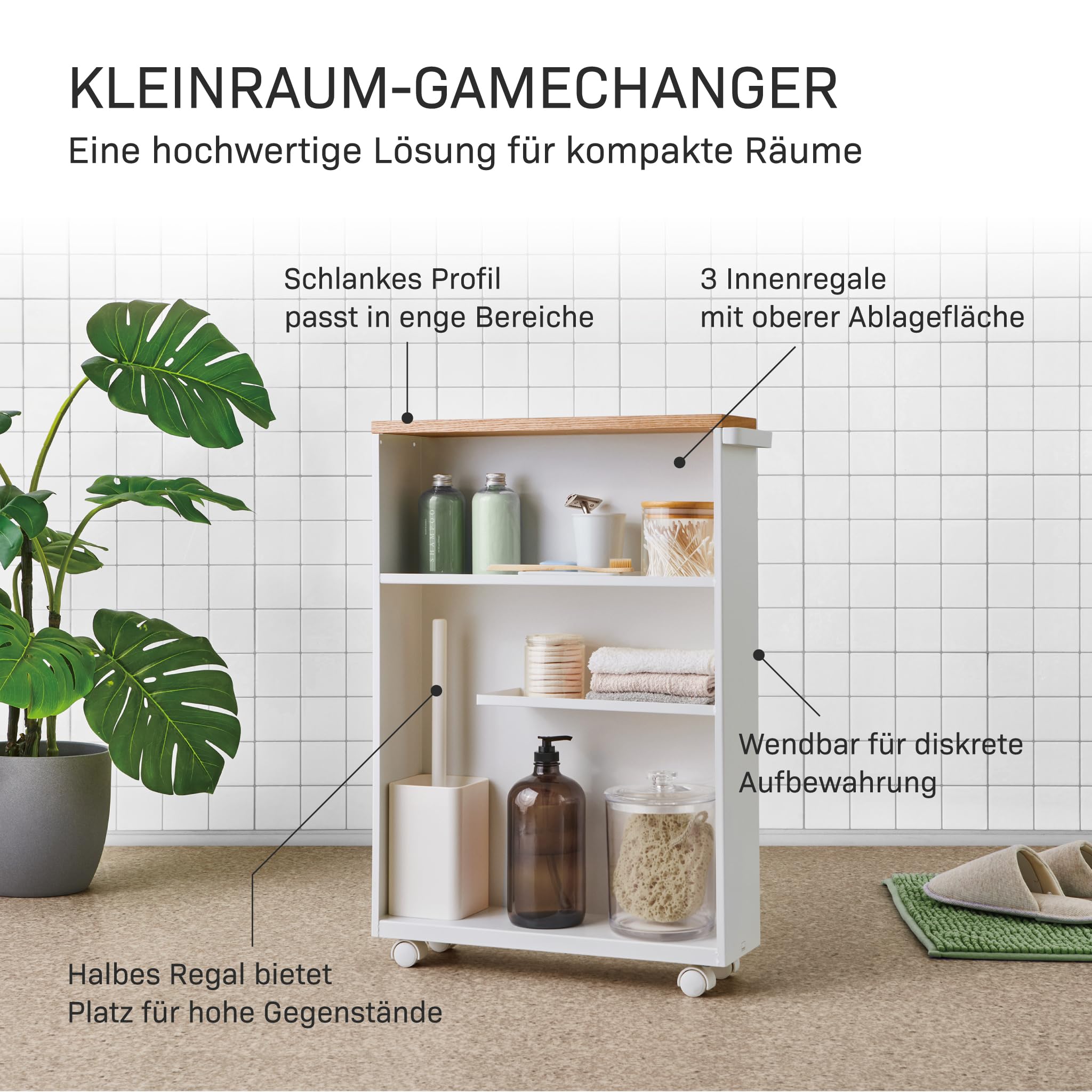 YAMAZAKI Tower Halbgeschlossener Aufbewahrungswagen aus Stahl - mit Holzablage/Rollen, schmal, modern - 47,5 x 13 x 68 cm, Japanisches Design, weiß