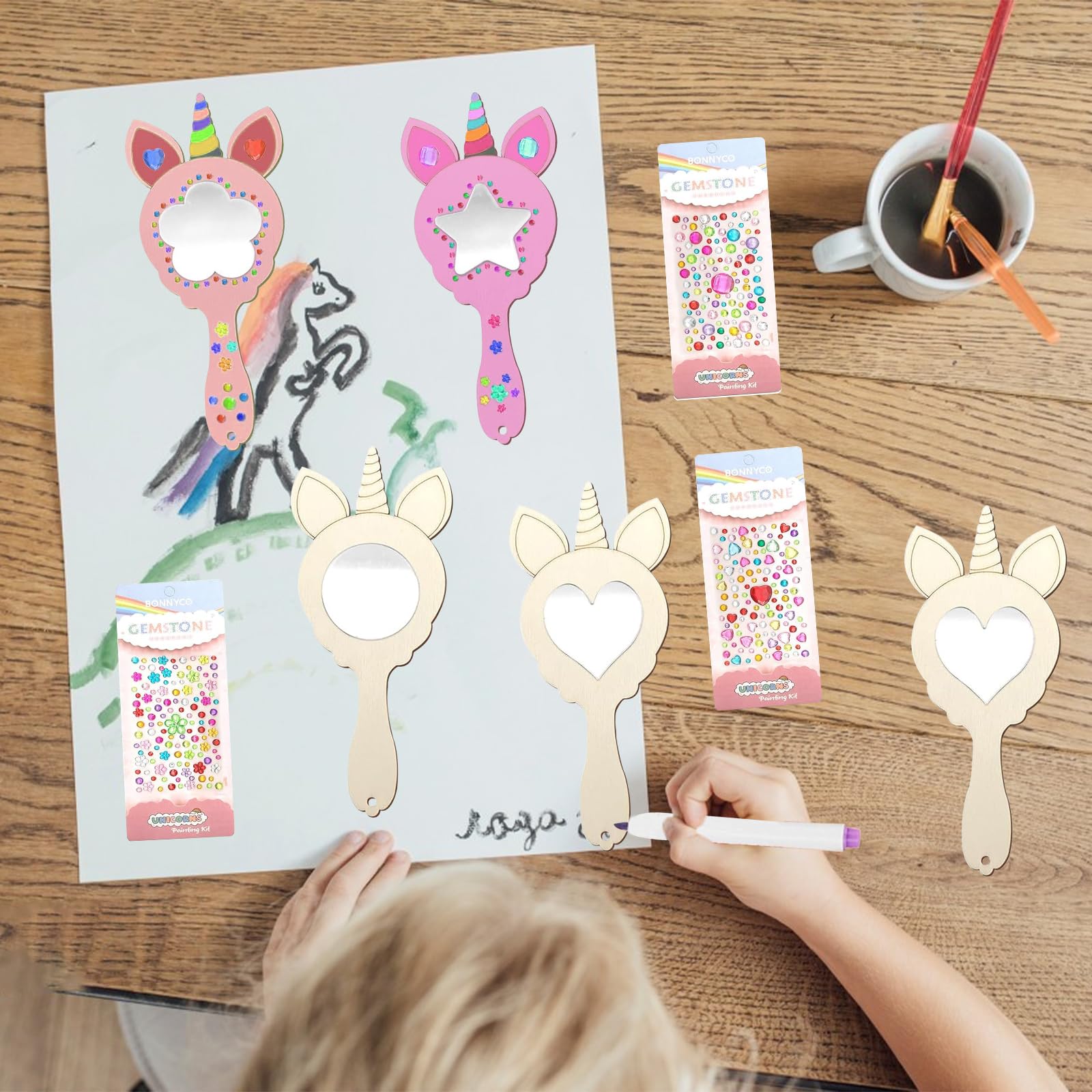 12 Kits DIY Miroir Licorne En Bois - Avec Autocollants Et Crayons - Activité Enfants