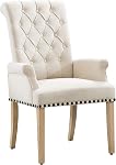 Chaise à manger en tissu avec armoiries, Chaises de salle à manger haute arrière rembourrée Tufted, Fauteuil Accent avec jambe en bois massif et plateau en nail, Cuisine Salle à manger Salon, Beige