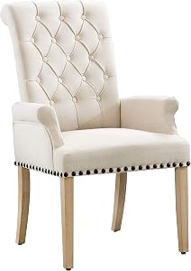 Fabric Dining Chair with Arms, Upholstered Tufted High Back Dining Room Chairs, Accent Armchair with Solid Wood Leg and Nailhead Trim, Kitchen Dining Living Room, Beige