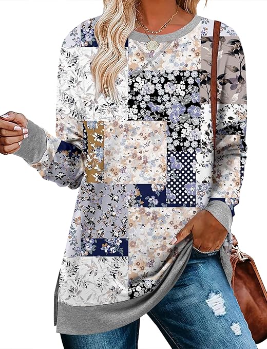 BETTE BOUTIK Women's Drop Long Sleeve Sweatshirts Casual Crewneck Tunic Tops Sweartshirts With Side Slits S-3XL