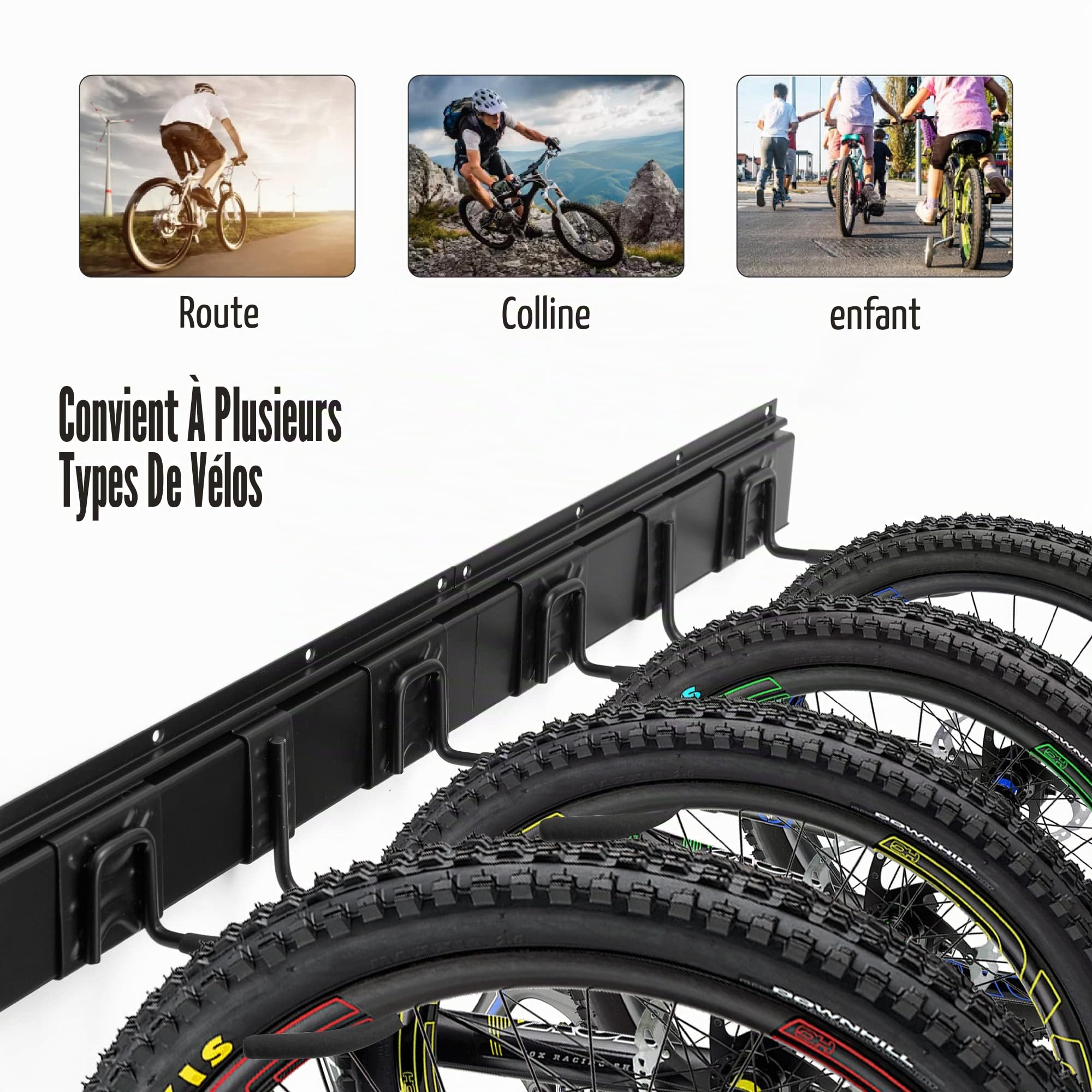 Sinoer support mural pour vélos,porte velo，rangement garage， support mural pour 4 vélos et 2 casques, crochet mural résistant en acier massif, 2 rails de 16 pouces.