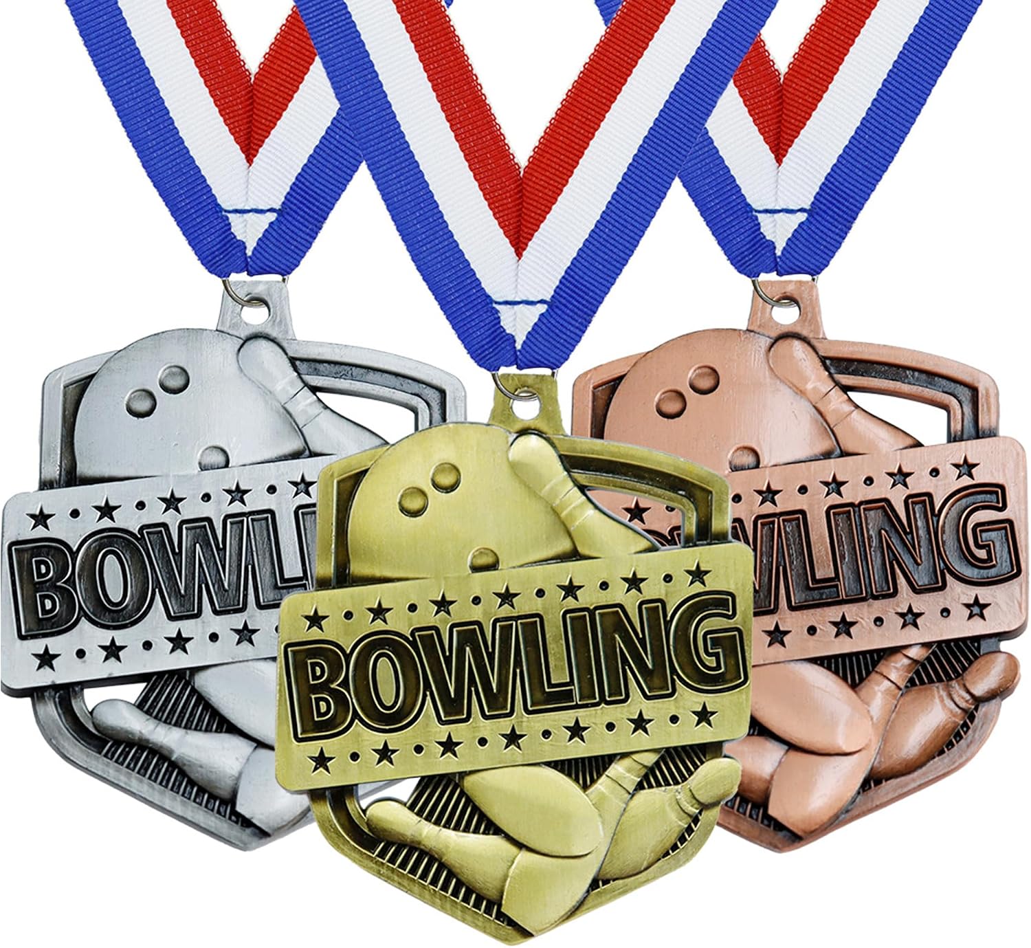 3 Pieces Bowling Medals Gold Silver Bronze Award with Neck Ribbon -1st 2nd 3rd Place Medals for Bowling Competitions, Party, Club or Celebration Souvenir 3.7 Inches
