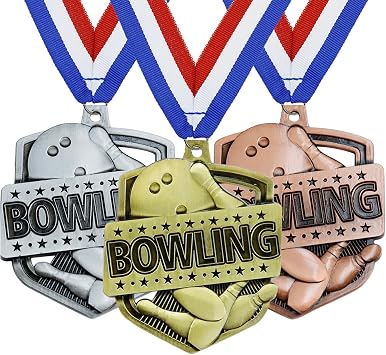 3 Pieces Bowling Medals Gold Silver Bronze Award with Neck Ribbon -1st 2nd 3rd Place Medals for Bowling Competitions, Party, Club or Celebration Souvenir 3.7 Inches