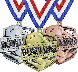 3 Pieces Bowling Medals Gold Silver Bronze Award with Neck Ribbon -1st 2nd 3rd Place Medals for Bowling Competitions, Party, Club or Celebration Souvenir 3.7 Inches