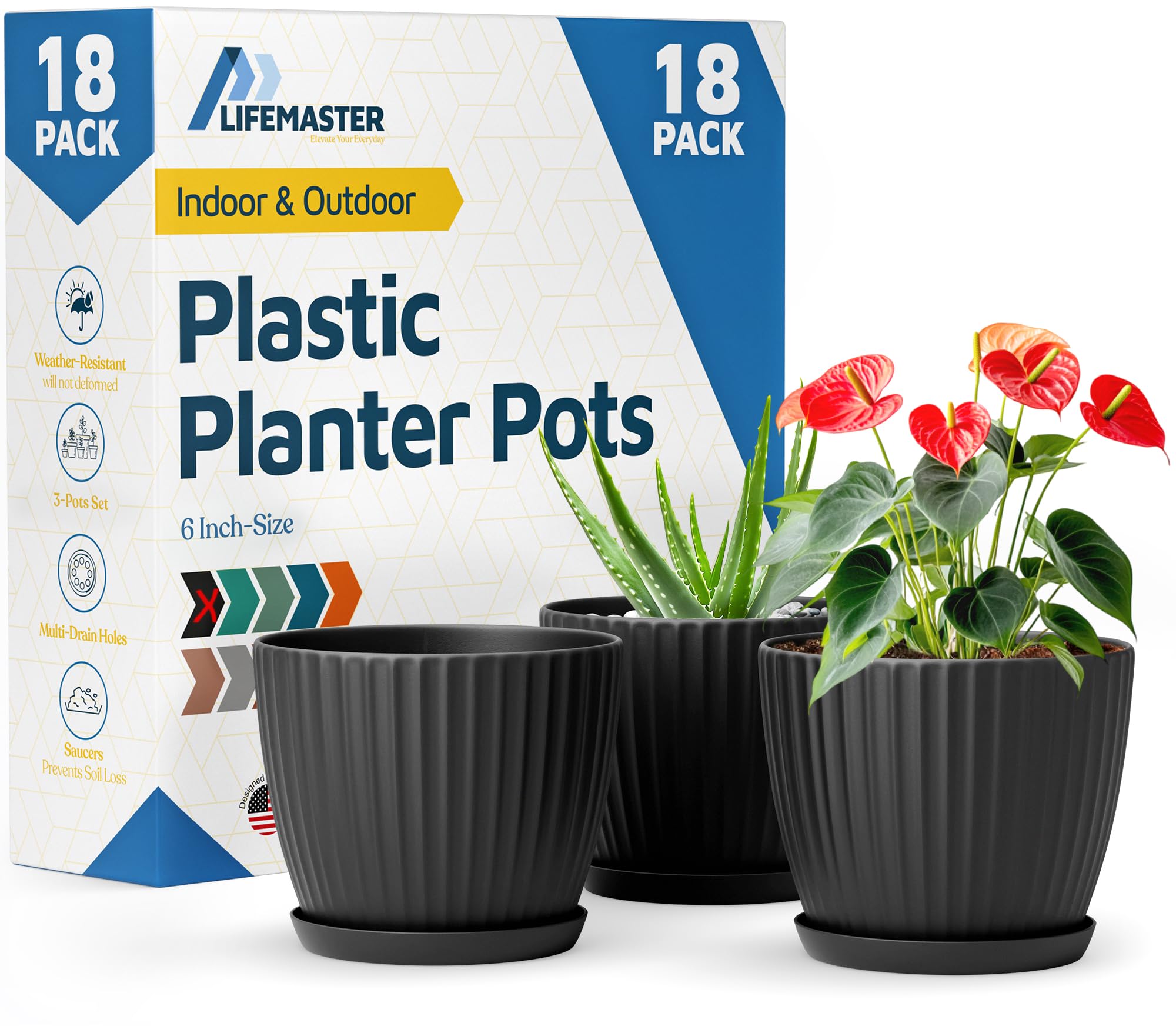 Lifemaster Macetas, Color Negro, Paquete de 18