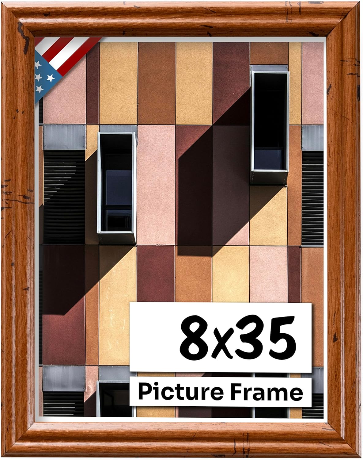Distressed Oak 8x35 Picture Frame .75" Inch Wide - Handmade American Solid Wood Picture Frames with Preinstalled Hangers and UV Blocking Plexiglass Frames