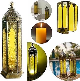 Lantern for Decor – Arabic Fanoos Style Ramadan Lantern, Large Candle Holder for Majlis, Balcony & Outdoor Home Decoration Golden Metal Yellow Glass Moroccan Candle Holder 1 pc