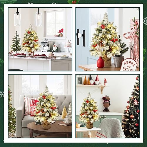 Miniatura 6 de Árbol de Navidad Uten Acoplado de Nieve Pequeño, Conos de Pino RedondosFrutas Rojas, 40 LED Impermeables Caja de Batería con Base de Cemento Mini