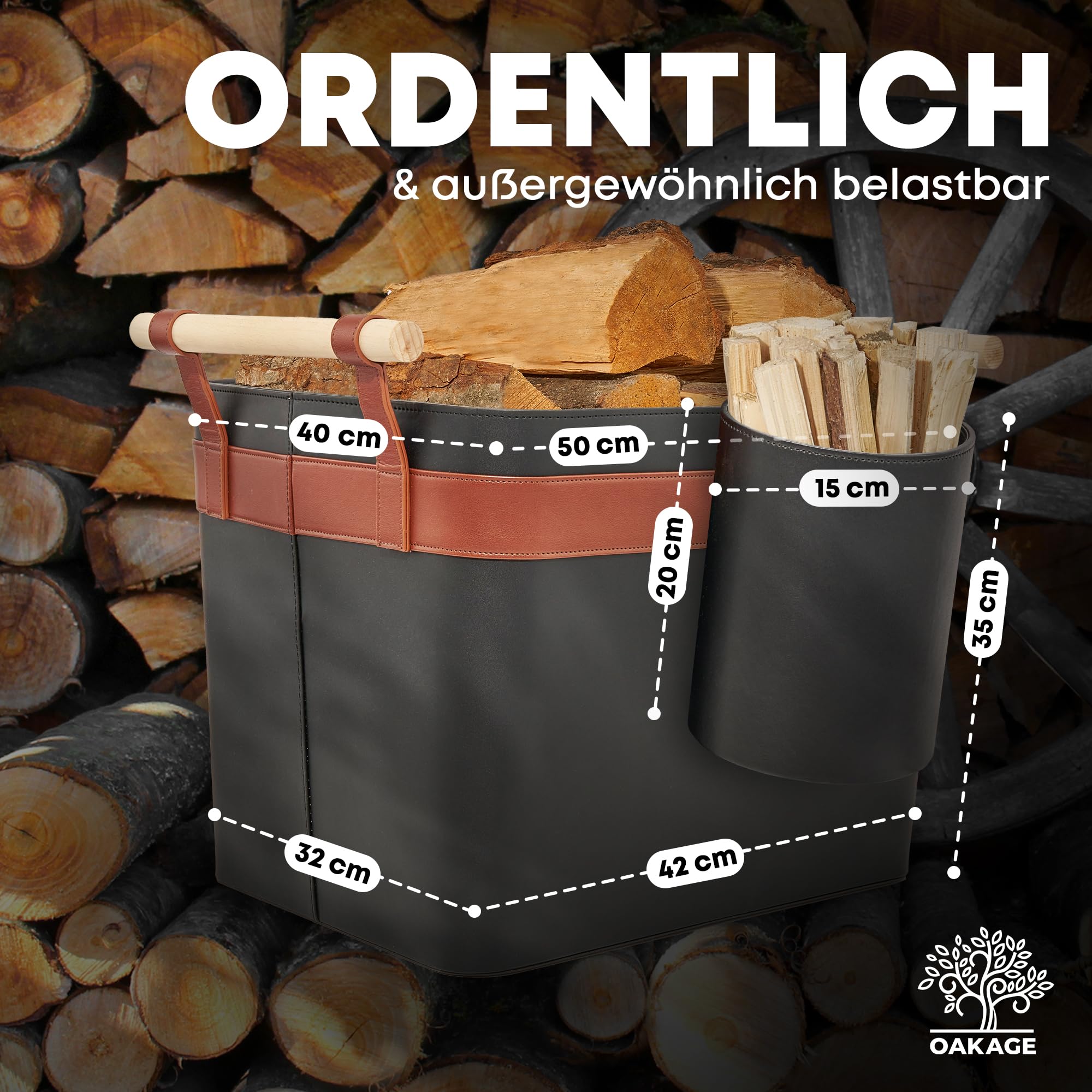 OAKAGE® Holzkorb für Kaminholz Groß aus veganem Leder Kaminholzkorb Feuerholzkorb Brennholzkorb Kaminkorb | Korb Bundle