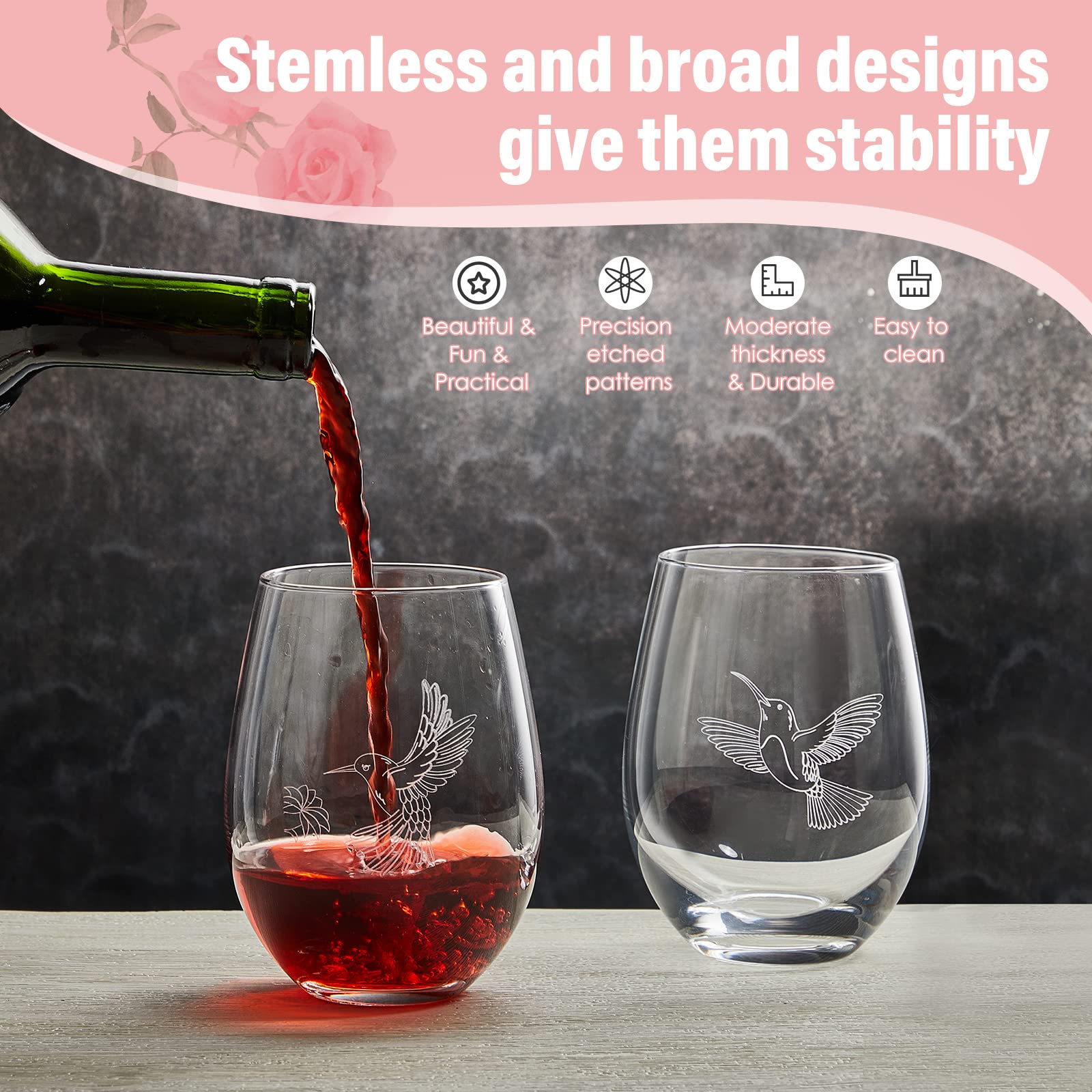 Amazon.com | Zubebe 5 Pieces Hummingbird Stemless Wine Glasses 17 oz Hummingbird  Cups Laser Engraved Wine Glasses Hummingbirds Themed Gifts for Father's Day  Mother's Day Birthday Retirement Anniversaries: Wine Glasses