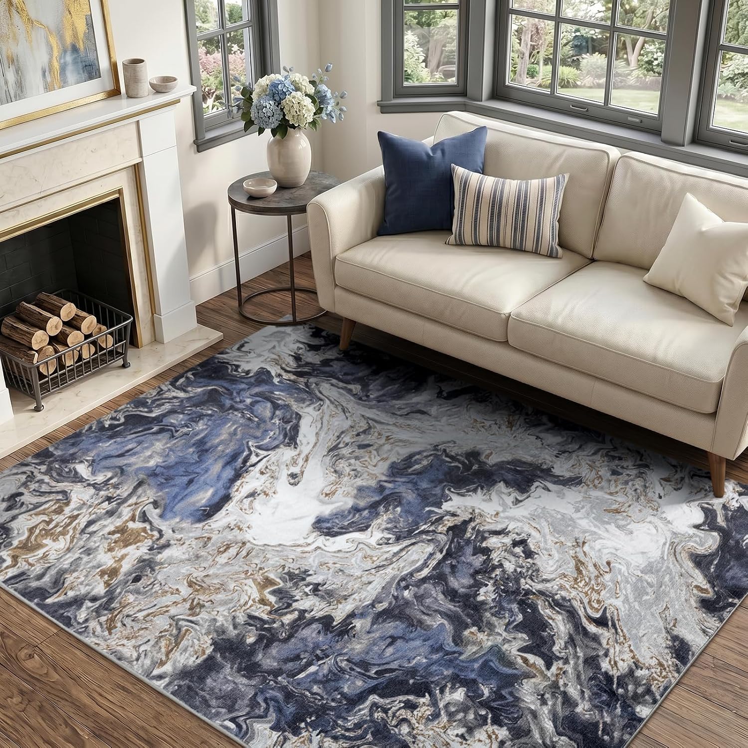 YIHOUSE 5x7 Blue Gold Coastal Area Rug Washable Non Slip Living Room Carpet image 3