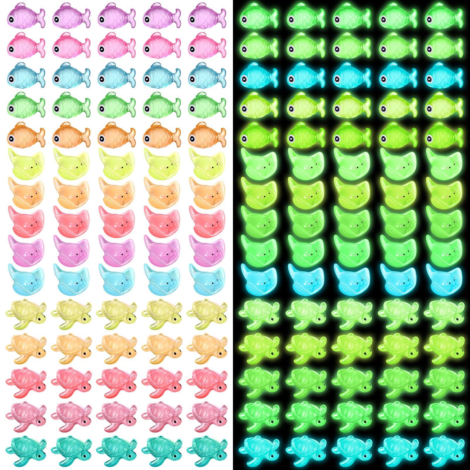Huwena 115 Pcs Luminous Mini Figurines Include 45 Pcs Luminous Mini Resin Manta Ray 30 Pcs Glow in The Dark Tiny Sea Turtle Bulk and 40 Pcs Glow in The Dark Fish Miniatures for DIY Garden Dollhouse
