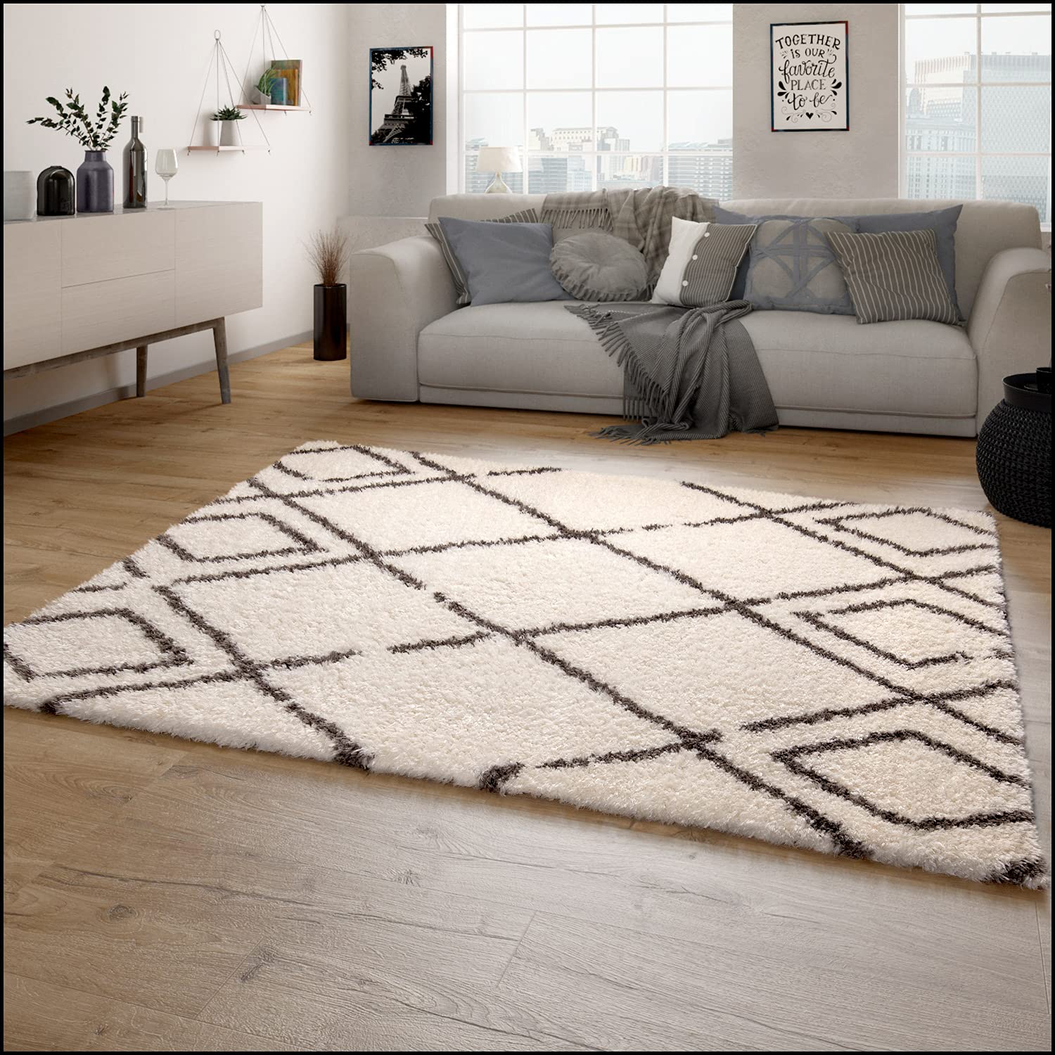Paco Home Hochflor Teppich Wohnzimmer Shaggy Langflor Skandinavisches Rauten Muster Modern, Grösse:60x90 cm, Farbe:Creme 7