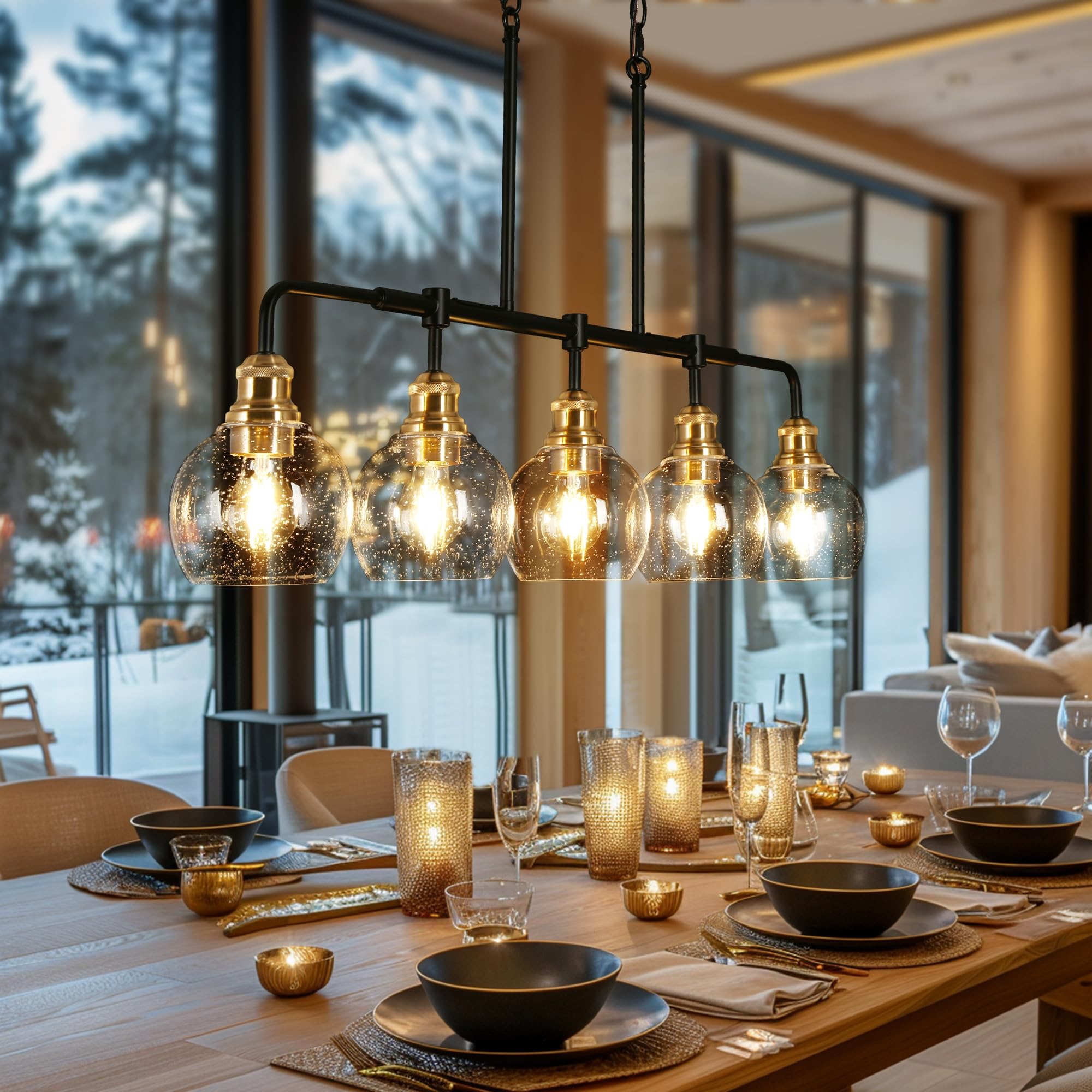KSANA Chandeliers for Dining Room, 5 Light Linear Chandelier Modern Farmhouse Kitchen Island Light with Seeded Glass Pool Table Light for Kitchen, Dining Room, Living Room