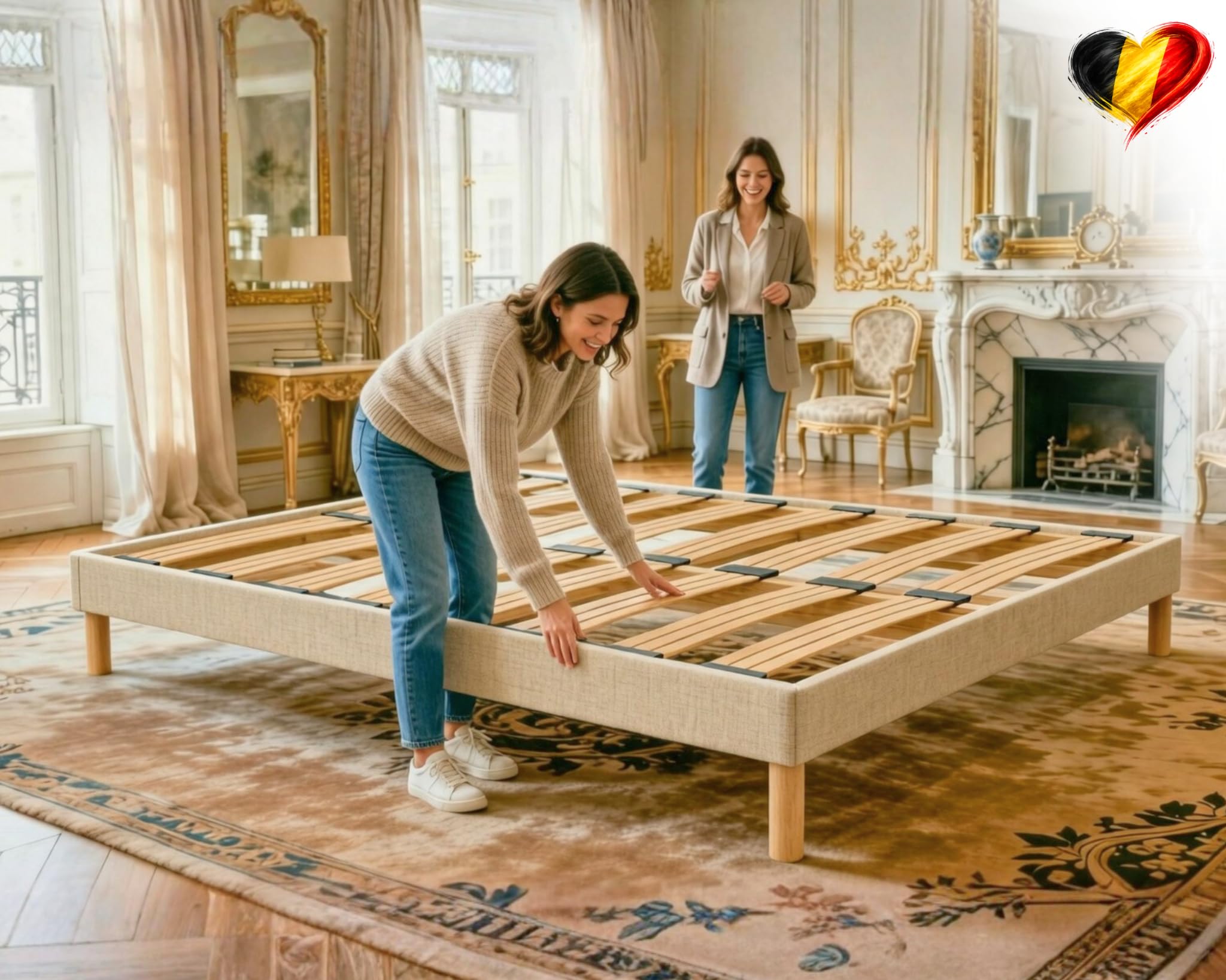 Sommier 140x190 Beige, Hauteur 30 cm, à Lattes Actives en Bois, Cadre Tapissé, Structure et Pieds Solide en Bois Massifs, Stable et Silencieux, Lit 2 Places pour Chambre Adulte
