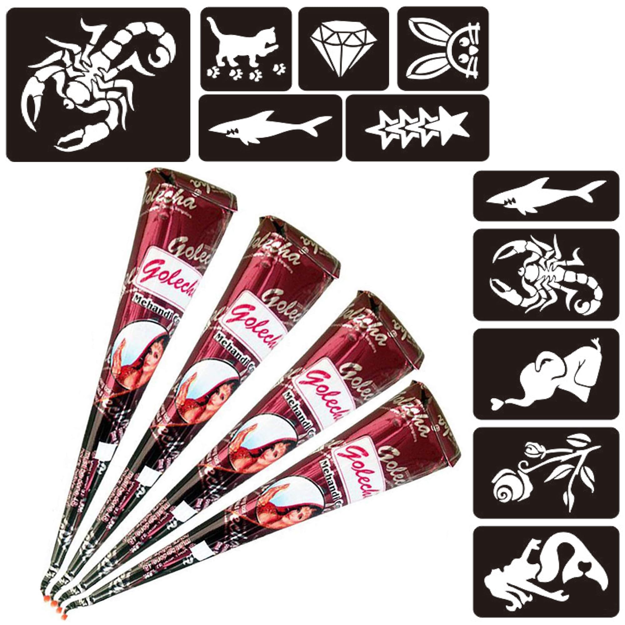 Naturic 4x Henna Tattoo, Temporäre Tattoo + 11x Henna Tattoo Schablone, Temporäre Mehndi Tattoos, Natürliche Kegel, Tattoo sticker, Temporäre Tätowierung - Rotbraun