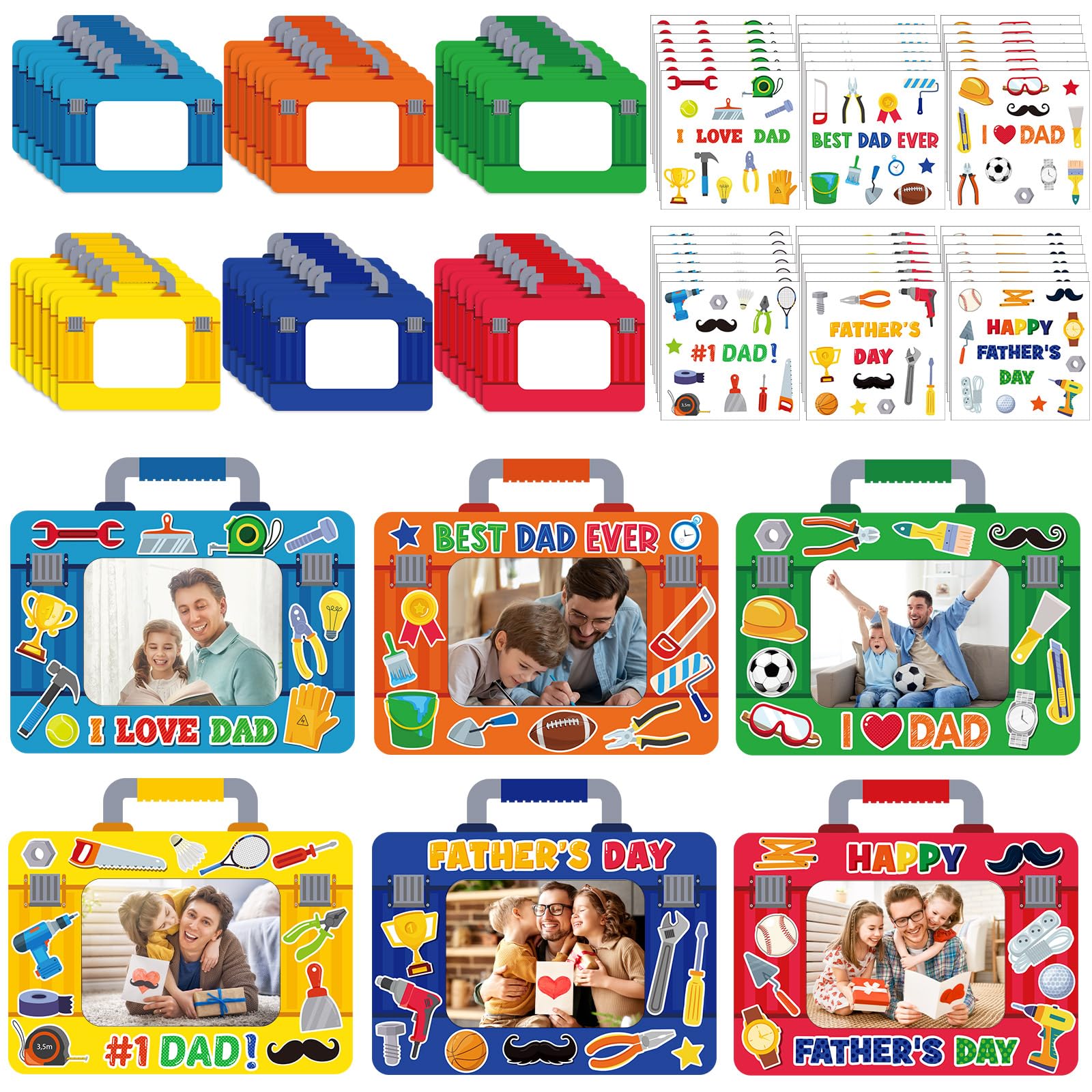 Fuutreo 96 Packs Father's Day DIY Craft Kits for Kids I Love Dad DIY Picture Frames with Stickers Tool Box Paper Photo Frames Happy Father's Day Gifts Craft for Party Decor Classroom Kindergarten