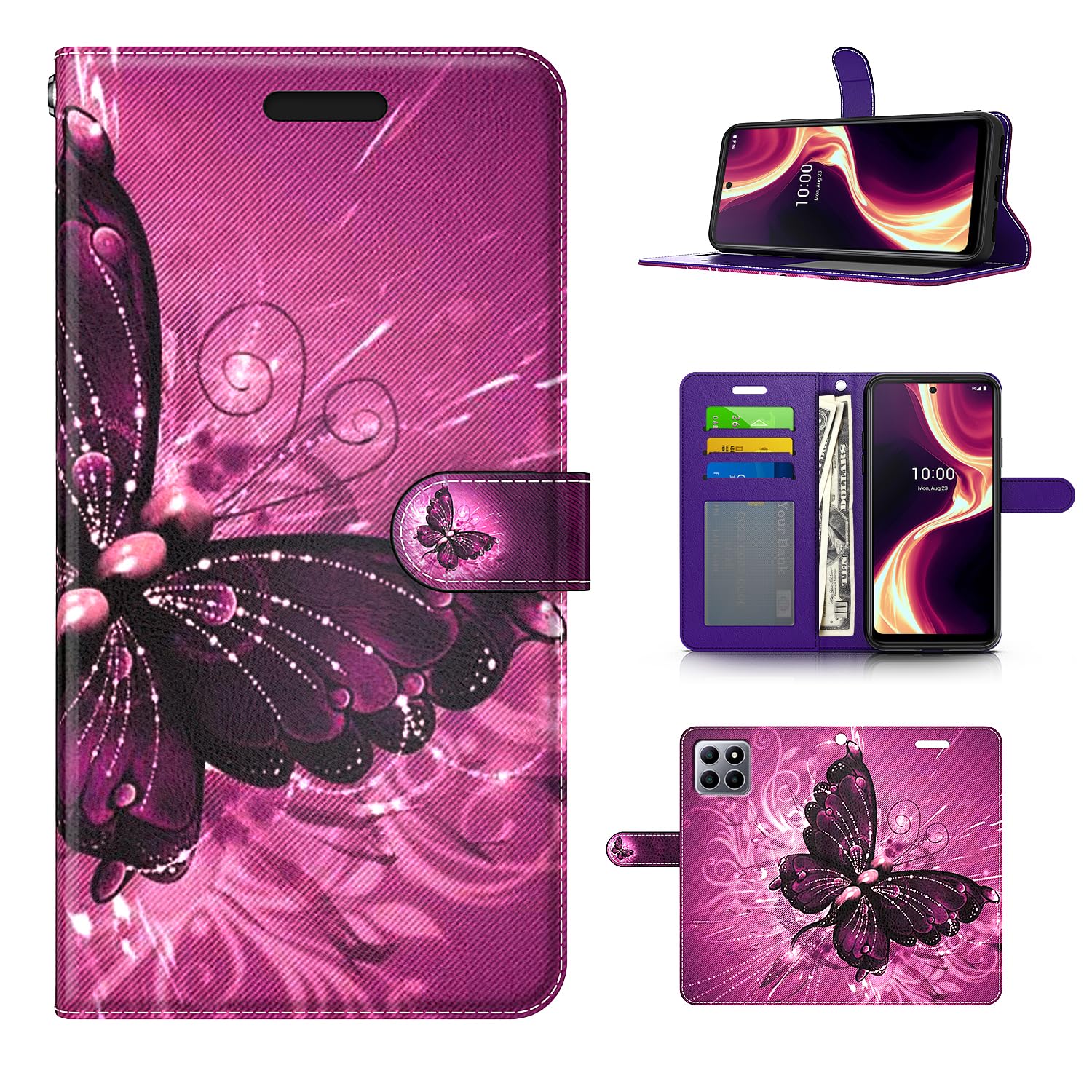 for Boost Celero 5G Plus Case, Purple Butterfly Wallet Pouch Case PU Leather Flip Cover with Hand Strap, Credit Card Slots Hybrid Cell Phone Case