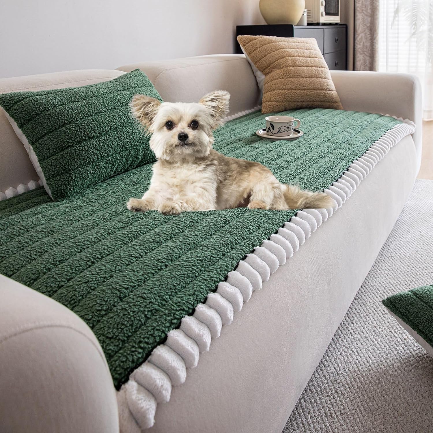 Sherpa Fleece Dog Couch Cover Soft Thick Fuzzy Sofa Cover Non-Slip Fluffy Dog Bed Cover Pet Blanket Sofa Couch Furniture Protector for Puppy Large Dog Cat (Green,28"x59")