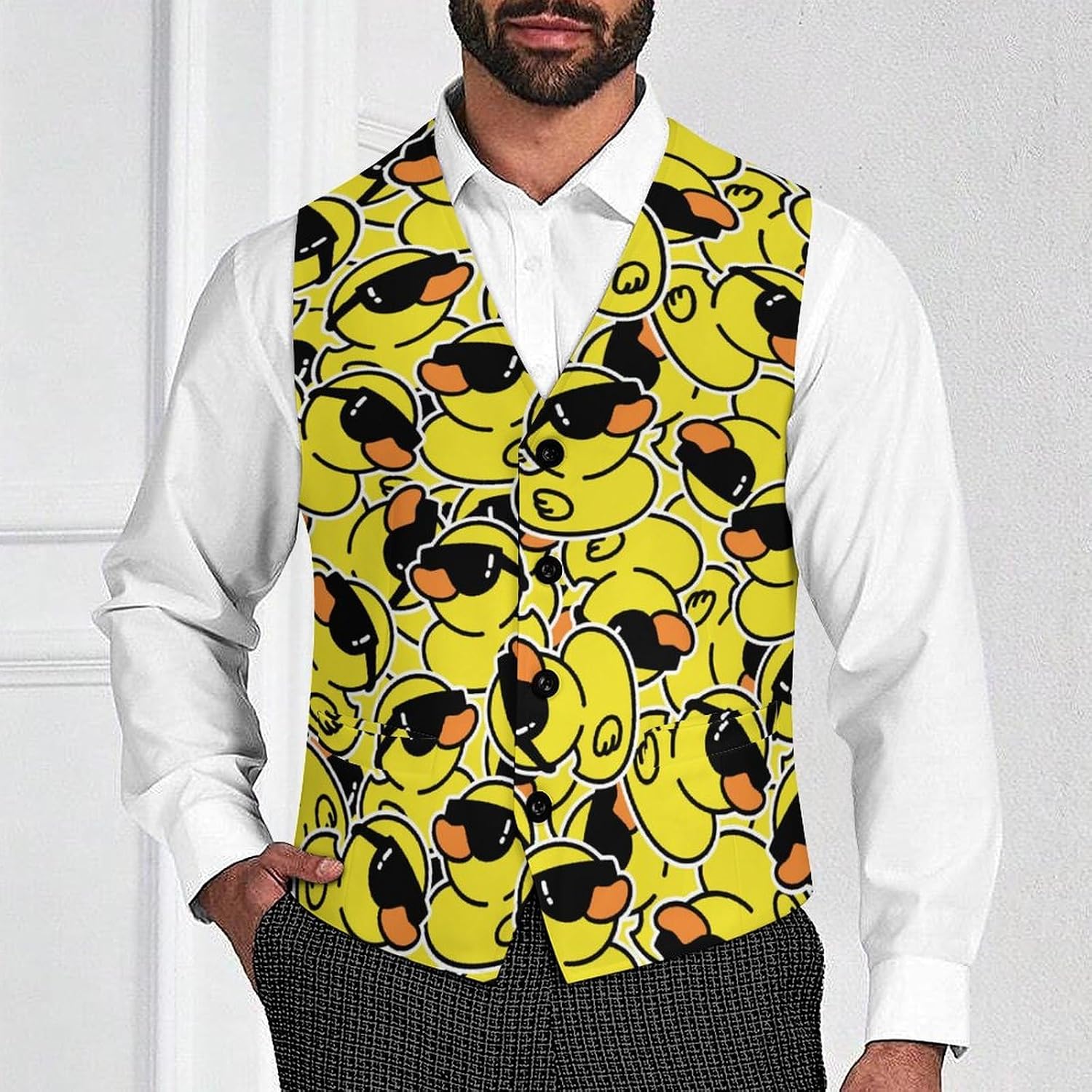 Rubber Yellow Duck with Sunglasses Funny Men's Formal Suit Vest Casual Business Dress Waistcoat Printed Vest Slim Fit