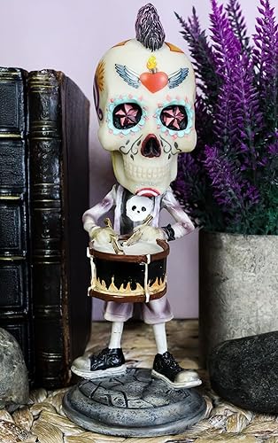 Miniatura 2 de Ebros Gift Tatuaje del Día de los Muertos, esqueleto de roca, tambor, baterista, Bobblehead, figura de 6.5 pulgadas de largo, para Halloween, cabeza