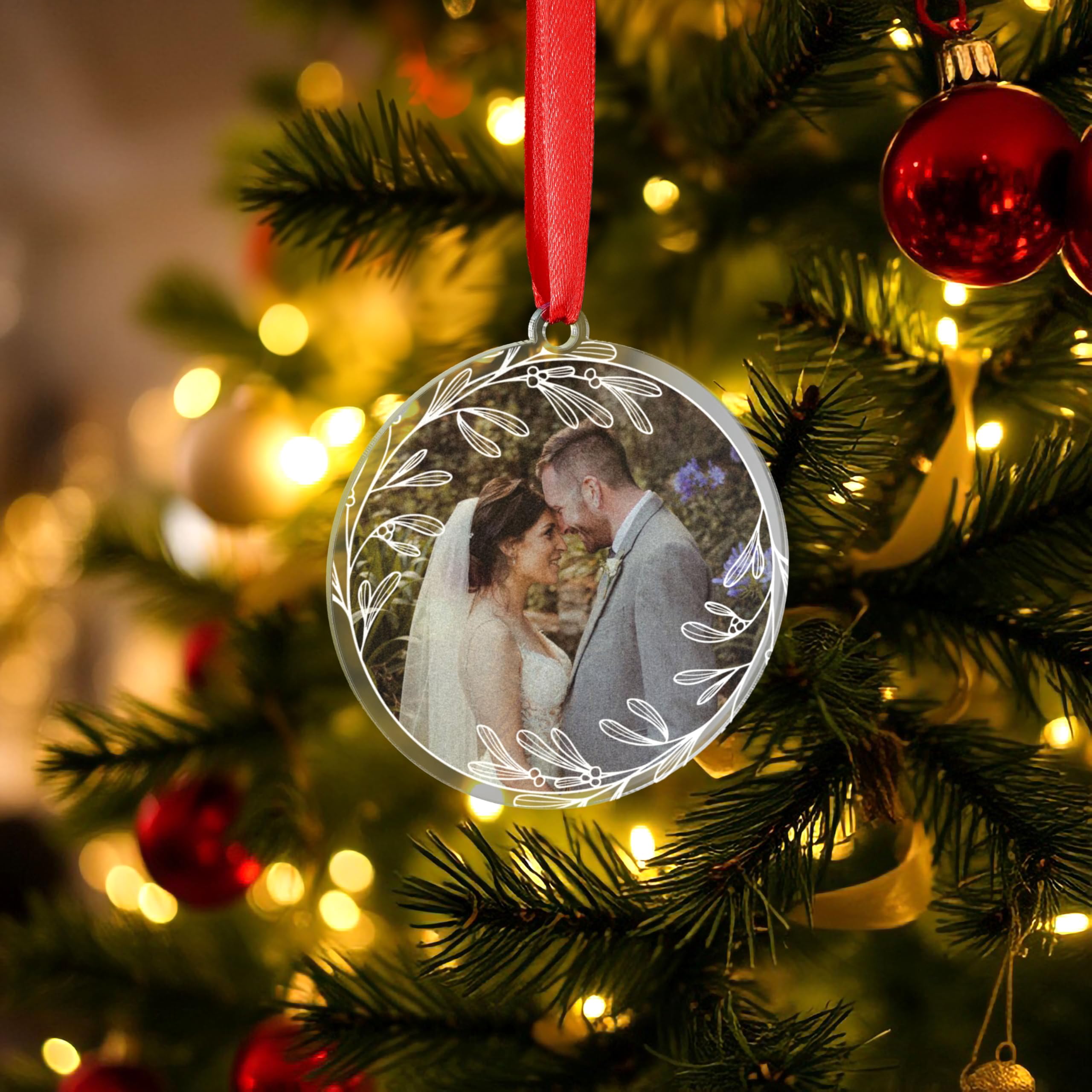 Personalised Christmas Bauble Ornament Decoration Couples Gift Newly Weds Engagement Wedding Present Photo Wreath Design (Clear)