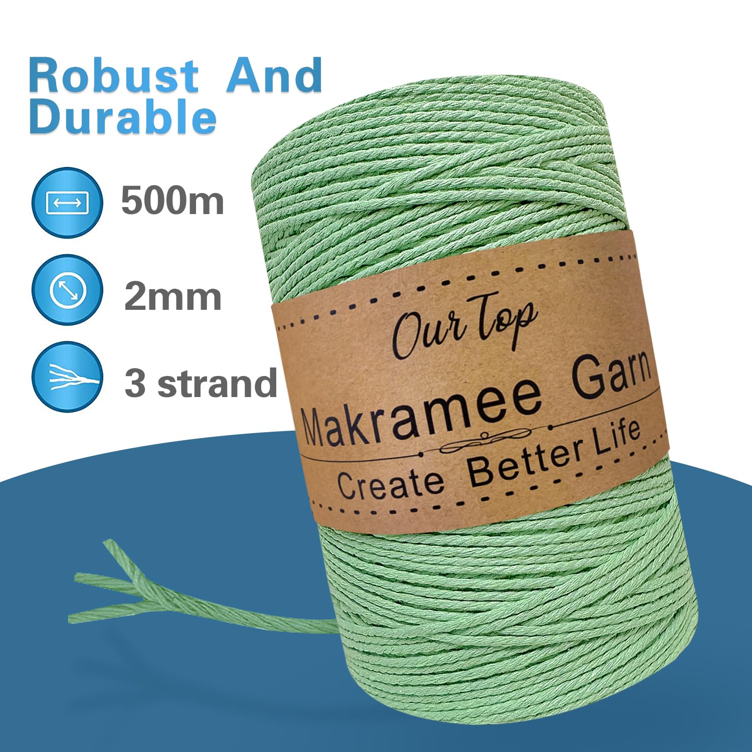 MeriWoolArt® Macramé Garen Tabak, Macramé Koord 3mm 200m, Enkele Twist, Zacht Macramé Koord, 100% Gerecyclede Katoenen Macrame Garen Gekleurd, DIY Macramé Handwerk, Boho Huisdecoratie
