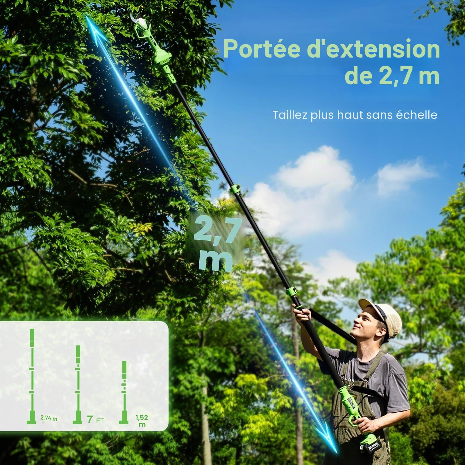 TaskStar Sécateur Électrique Télescopique: 2-en-1 Sécateur de Jardin avec Perche - Moteur Sans Balais, 2X Batteries 4,0Ah, Lame SK5 Supplémentaire, 2 Modes, Coupe 40mm pour Arbres & Fleurs