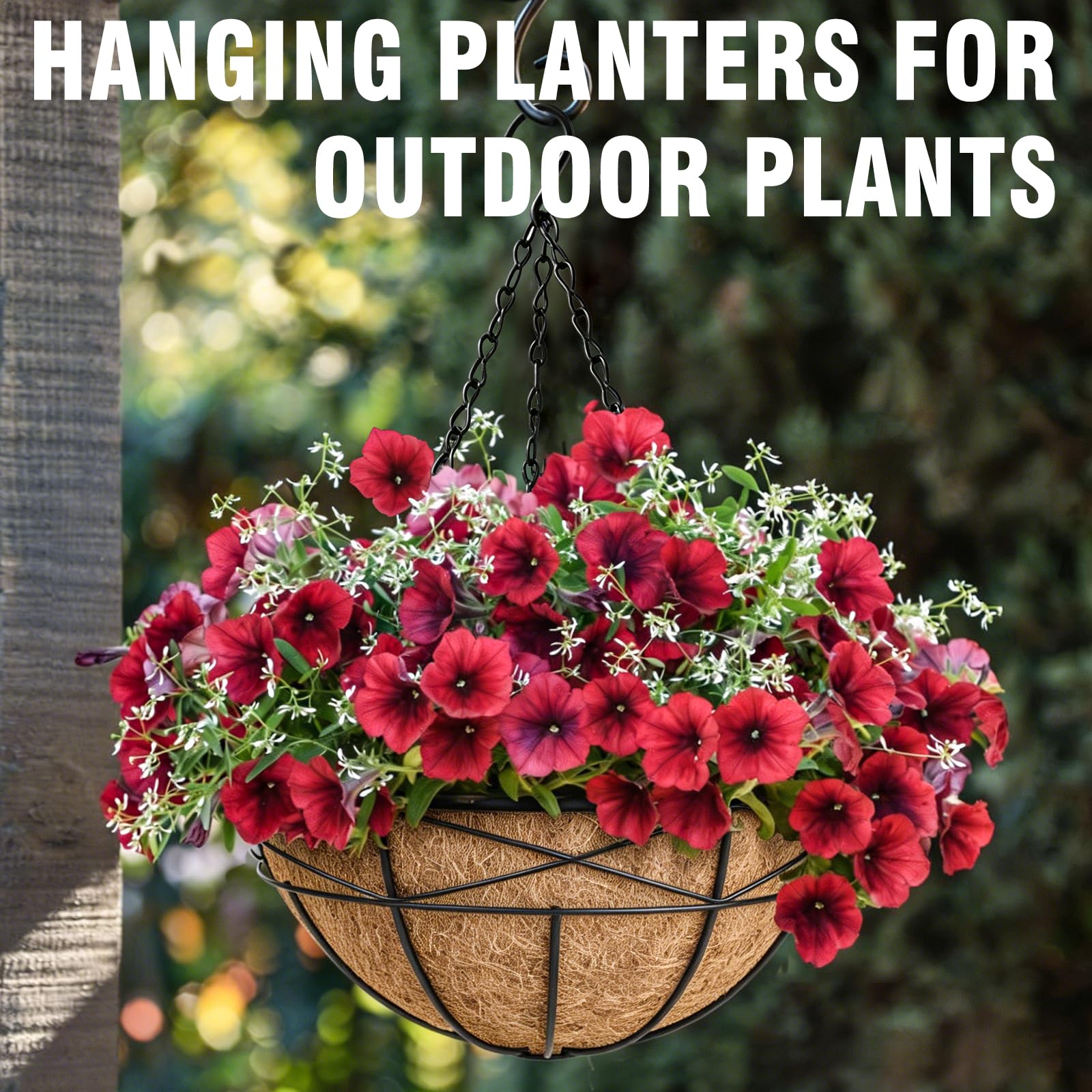 Lot de 4 paniers de fleurs à suspendre en métal avec doublure en fibre de coco et chaîne ronde pour pots de fleurs, décoration de jardin, paniers à suspendre avec soucoupe en plastique pour intérieur