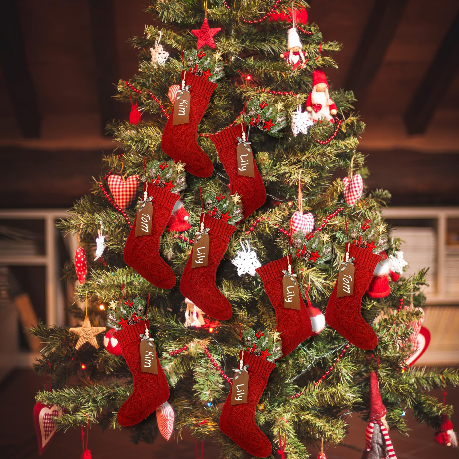 Lot de 16 grandes chaussettes de Noël en tricot torsadé avec étiquettes nominatives pour décoration de fête de Noël - 45,7 cm (rouge, blanc)