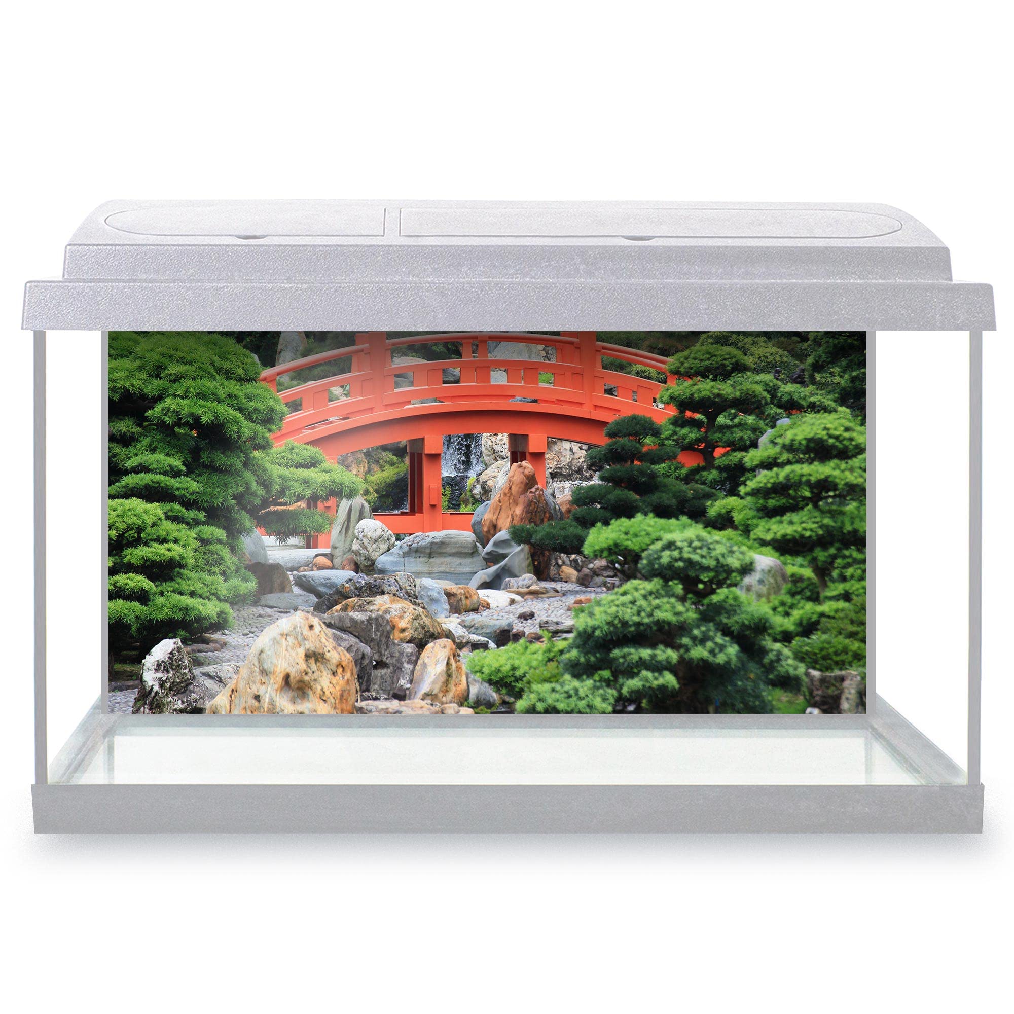 DV DESIGN Aquarium Fish Tank Background 110x55 cm - Bonsai Tree Decoration Japanese Red Bridge Nan Lian Garden Hong Kong World Land Static Cling Vinyl Vivarium Terrarium External Application #500193