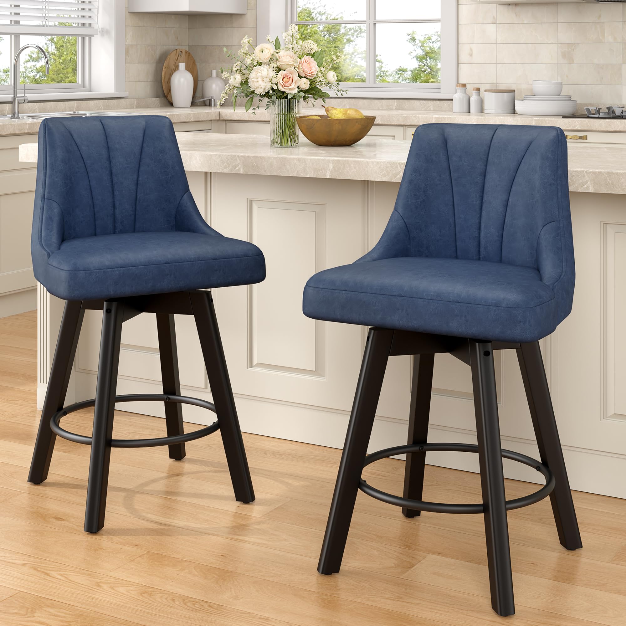 Photo 1 of ***Screws are not fitting**REONEY Counter Height Swivel Bar Stools, 24" Upholstered PU Leather Barstools Set of 2, Counter Stool Chair with Back & Solid Wood Legs for Kitchen Island Dining Room (Blue)