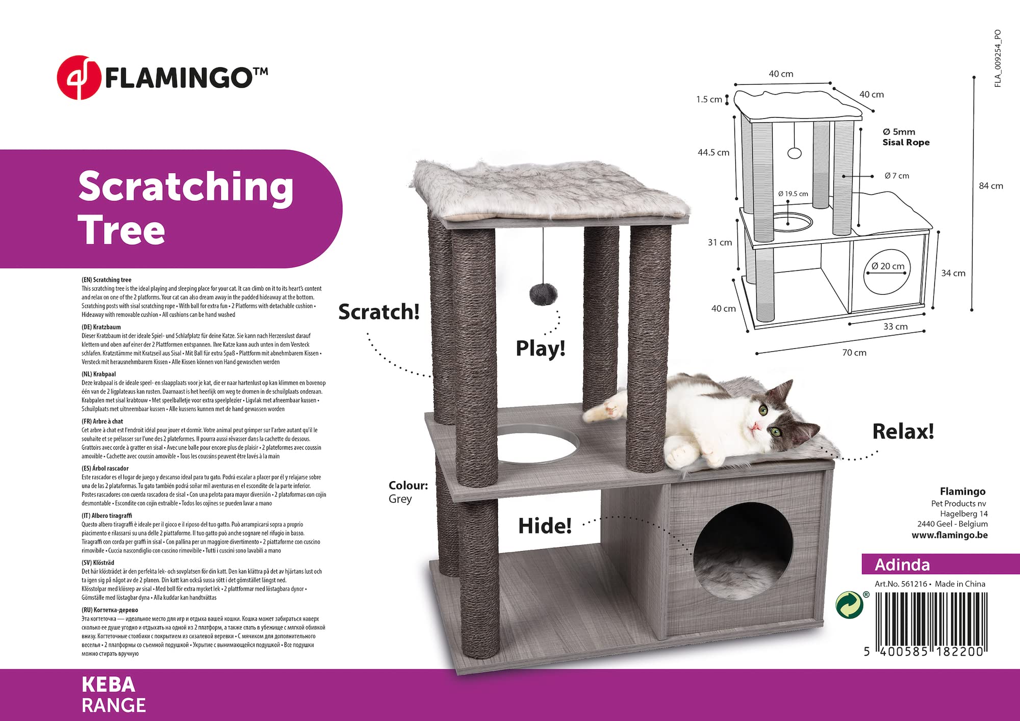 Adinda Cat Tree 70 x 40 x 84 cm Grey