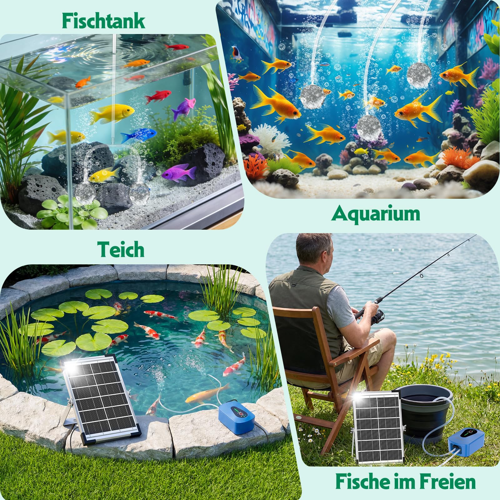 AMZtime 8 W Teichbelüfter Sauerstoffpumpe für Teich, Doppelpumpen Design Solar Sauerstoffpumpe mit Akku, Sauerstoff Luftpumpe 3 Modi 4 Luftsteine für Gartenteich, Angeln, Hydroponic