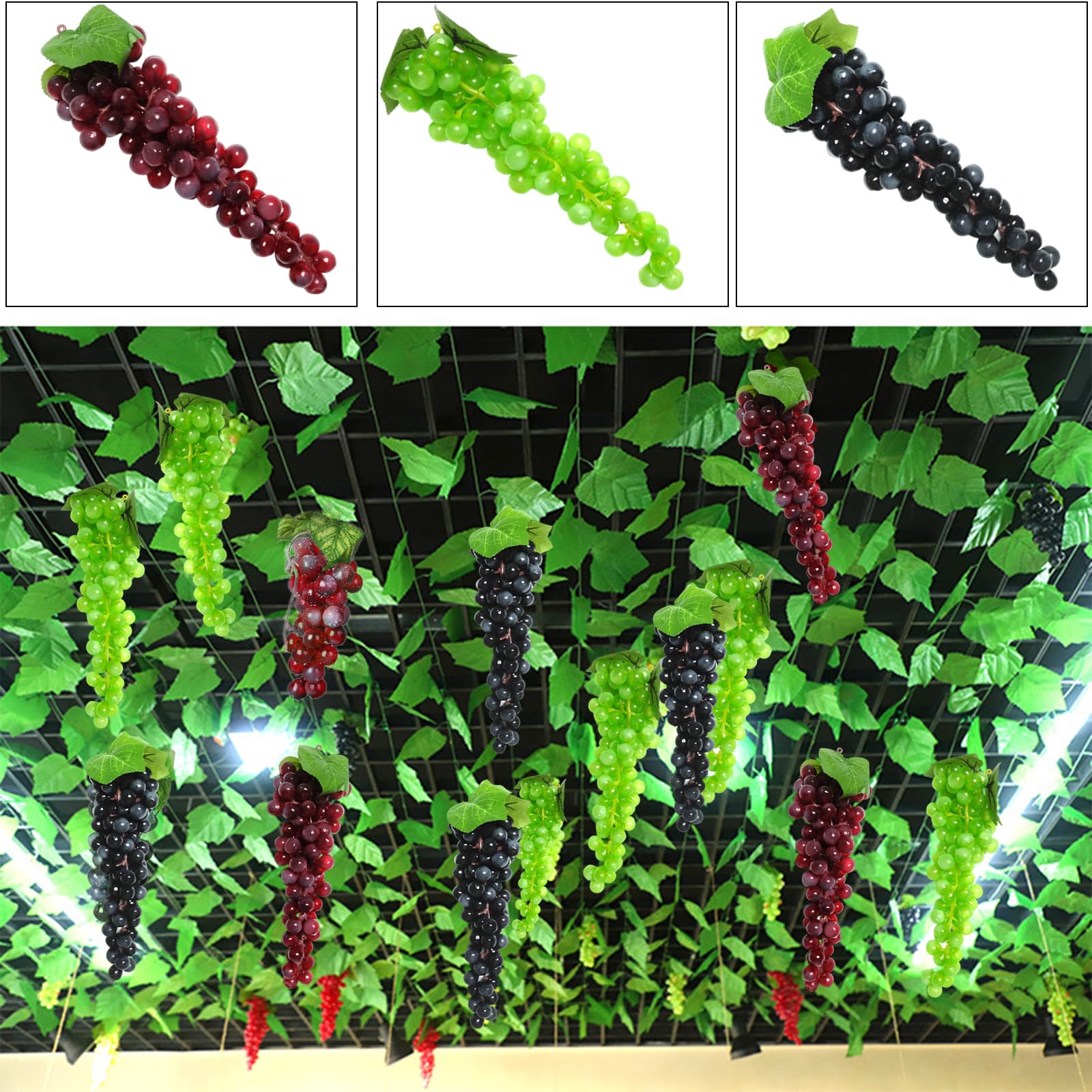 3 Pezzi Decorativi Realistici Uva Grappoli, Uva Finta per Decorazioni, Frutta Finta, Frutti D'uva Artificiale, per Decorazione Vino, Puntelli Frutta Artificiali (85 Capsule)