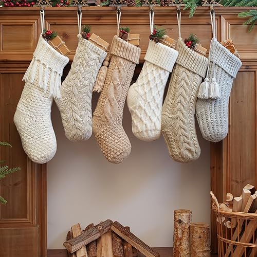steo spce 6 Pack Vintage Knit Christmas Stockings – White Beige Apricot Rustic Boho Farmhouse Cable Knitted Holiday Set
