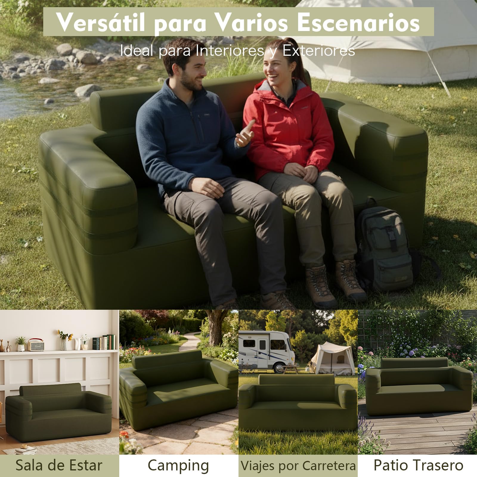 COSTWAY Sofá Inflable para Exteriores, Sillón de Aire Hinchable Multifuncional con Bomba Incorporada y Bolsa de Transporte, Banco de 2 Plazas Hinchable Portátil, para Camping Patio Trasero, Verde