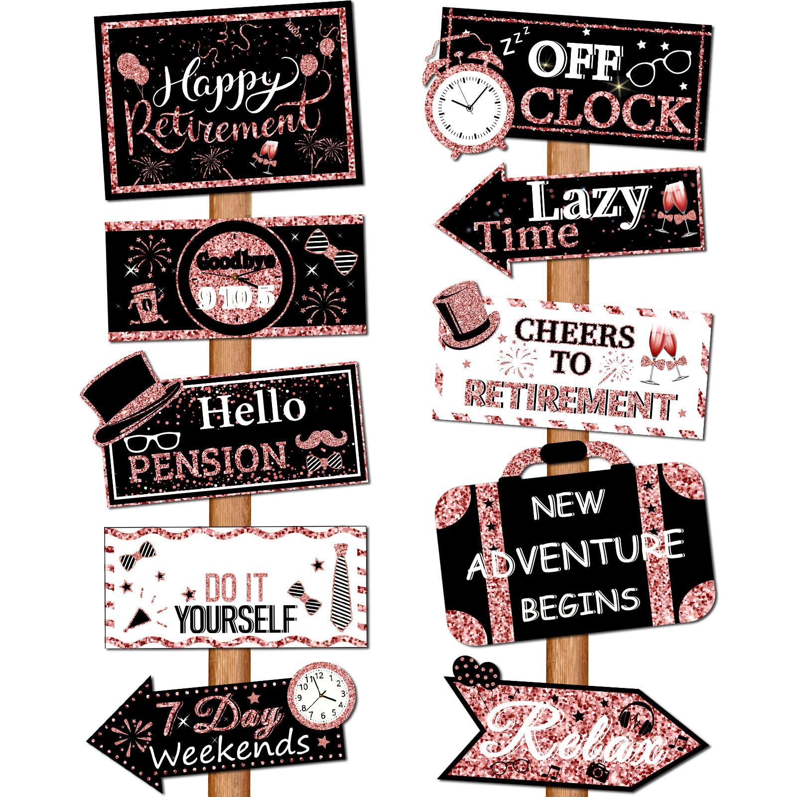 20 Pieces Retirement Party Decorations Happy Retirement banner Sign outdoor Retired Yard Directional Sign Supplies, 10 Styles(Rose Gold, White, Black)