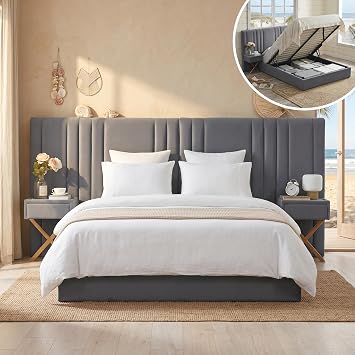 Queen Size Bed Frame with Built-in Nightstands, Lift Up Storage Bed with Oversize Upholstered Headboard, Luxury Bed Frame with Underneath Storage, Wood Slats Support, No Box Spring Needed, Gray