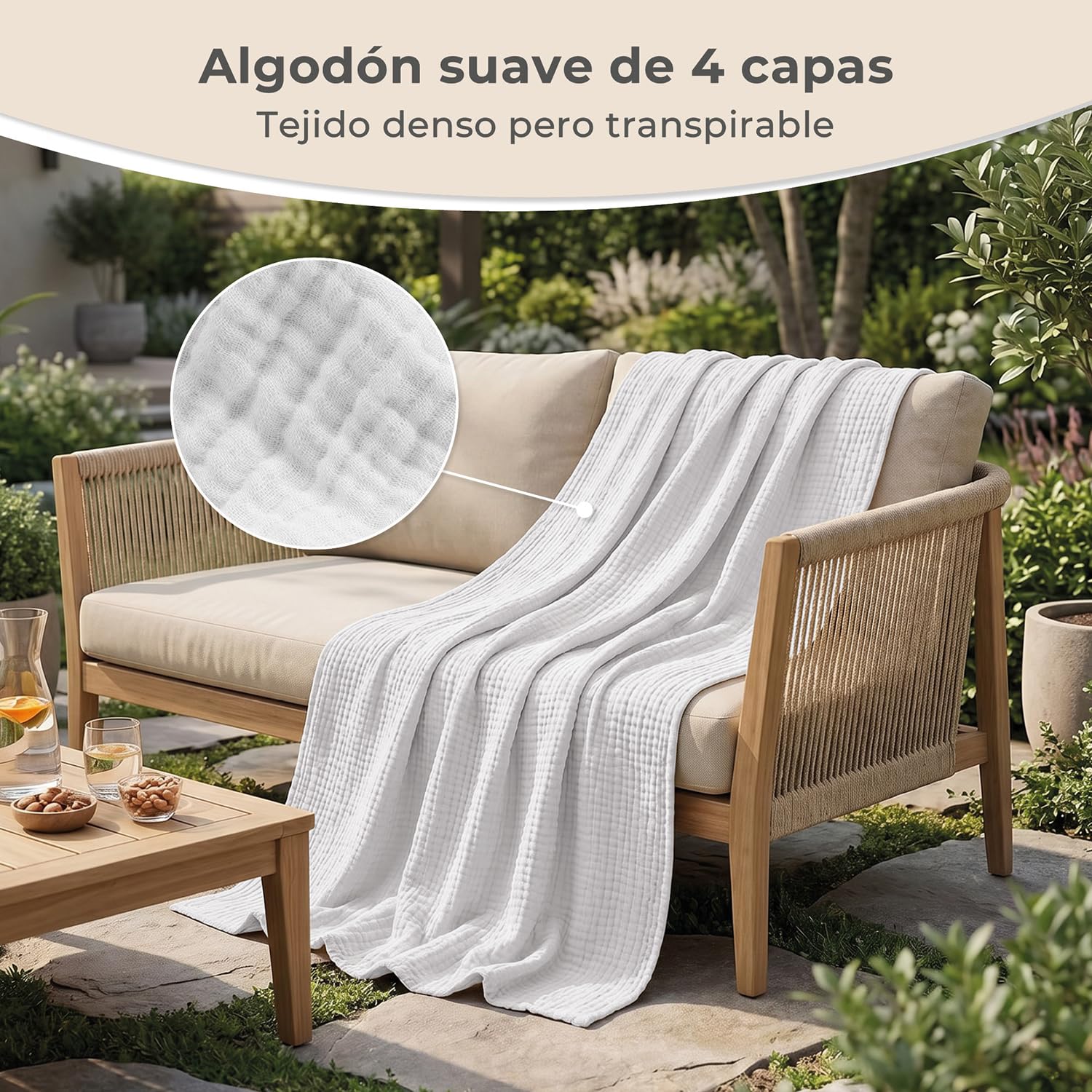 LAYNENBURG Colcha de Muselina Premium 220 x 240 cm - 100% algodón - Manta de algodón Extra Suave como Manta acogedora, Manta de Cama, Manta de sofá, Manta de sofá (Blanco)