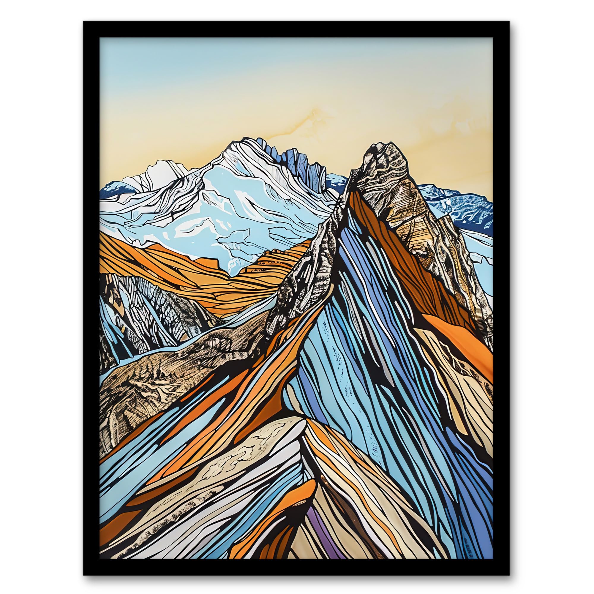 Artery8 Scafell Pike Mountain Peaks Stylised Landscape Framed Art Print - Blue - A4