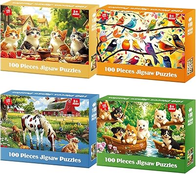 4 Packs 100 Piece Puzzles for Kids Ages 4-6 6-8 8-10, Dogs Cats Farms Birds Educational Jigsaw Puzzles, Kids Puzzles 5-8 Gifts for Girls Boys Adults Seniors 15x11in