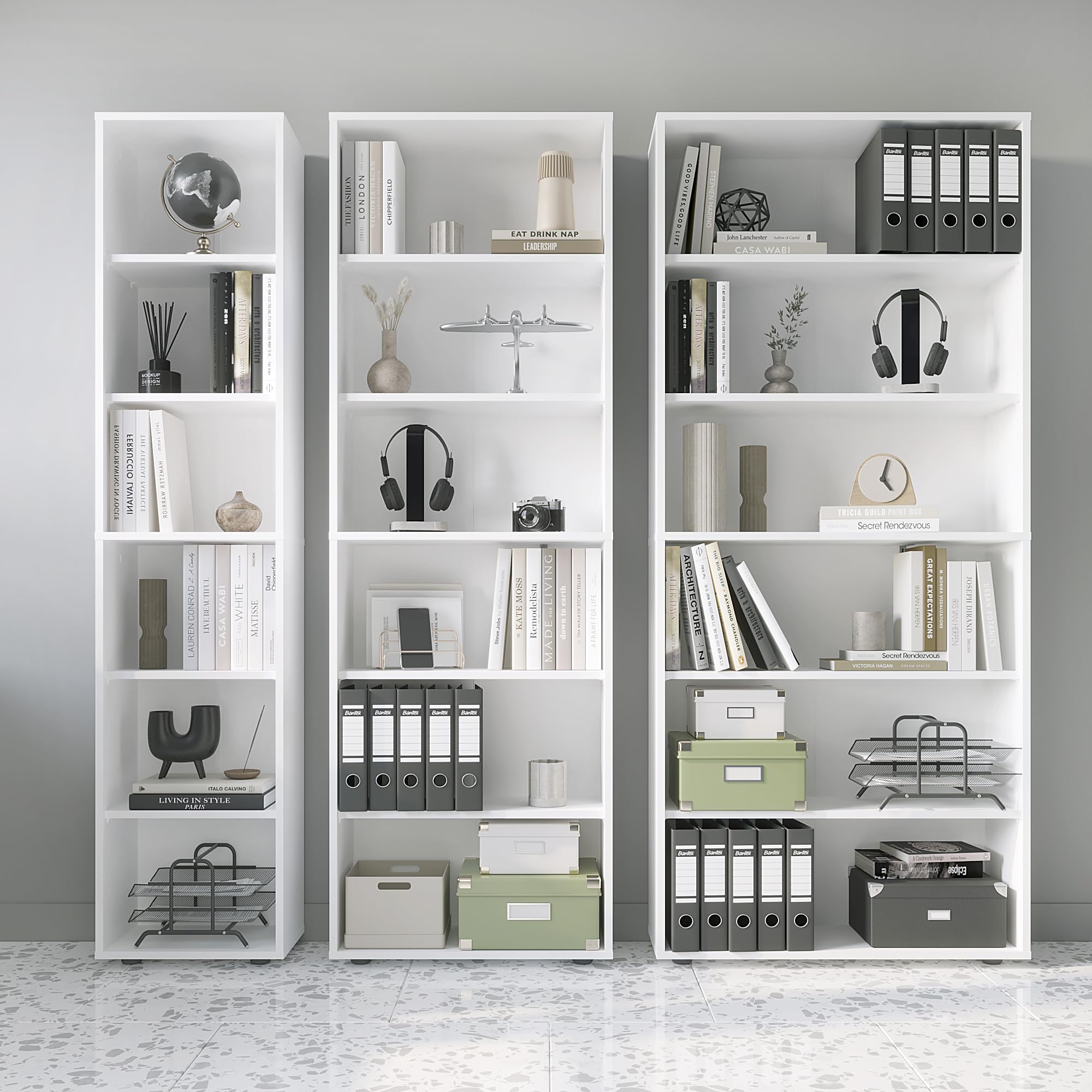 KOMTO Regal 40 cm breit Weiß - Bücherregal mit 6 Ebenen und Höhenverstellbare Regale, Standregal, Aufbewahrungsregal | Bookshelf Lumo 40 x 180 x 24 cm (BxHxT)