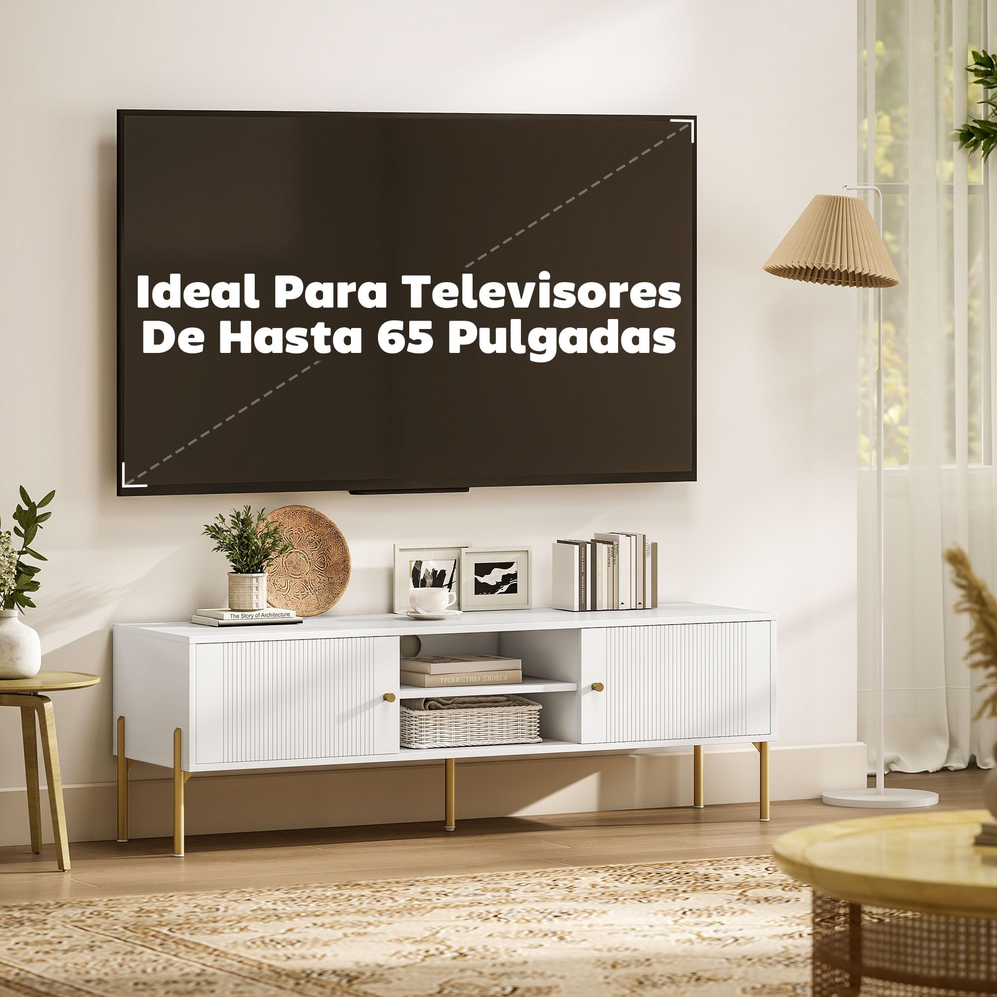 HOMCOM Mueble de TV Moderno de 2 Puertas, Mesa TV para Salón con 2 Estantes Abiertos Ajustables, Orificios Pasacables, Patas de Acero, para Televisión 65 Pulgadas, 140x38x45,9 cm, Blanco