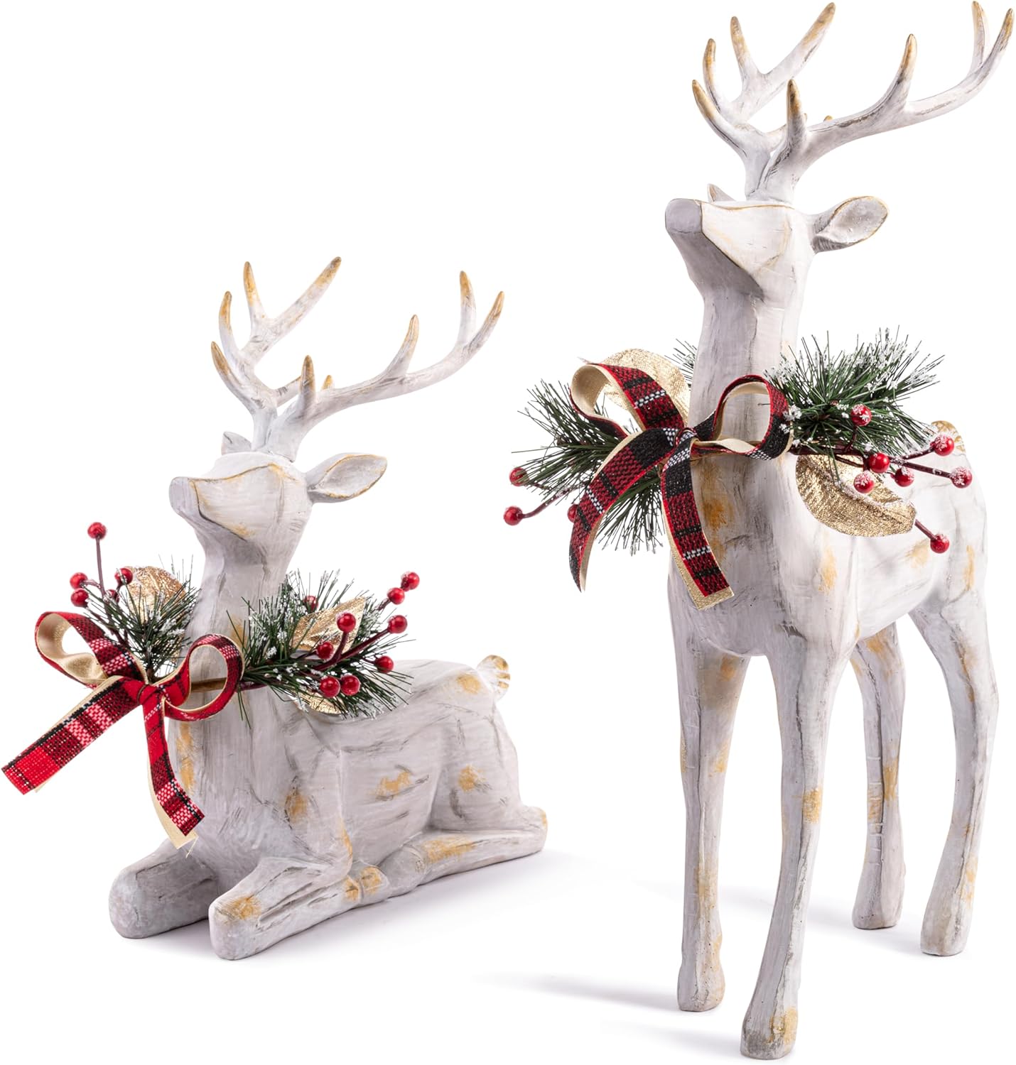 DEMDACO Holly Lodge Reindeer Wearing Plaid Bow Whitewashed Standing 15", Lying 10.5" Acrylic, Resin Large, Festive Holiday Décor, Christmas Decoration Figurine, Set of 2,