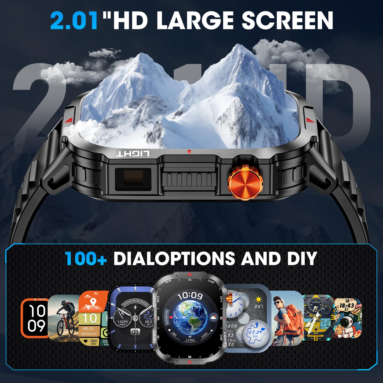 Military Smart Watches for Men-30 Days Battery/Flashlight/Compass,2.01 inch HD Display,IP68 Waterproof Fitness Tracker with Heart Rate,Sleep Monitor,100+ Sport Modes Smartwatch for Android & iPhone